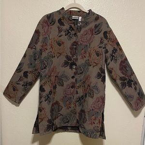 Chicos Earthy Floral Full Length Button Front Jacket | Coat